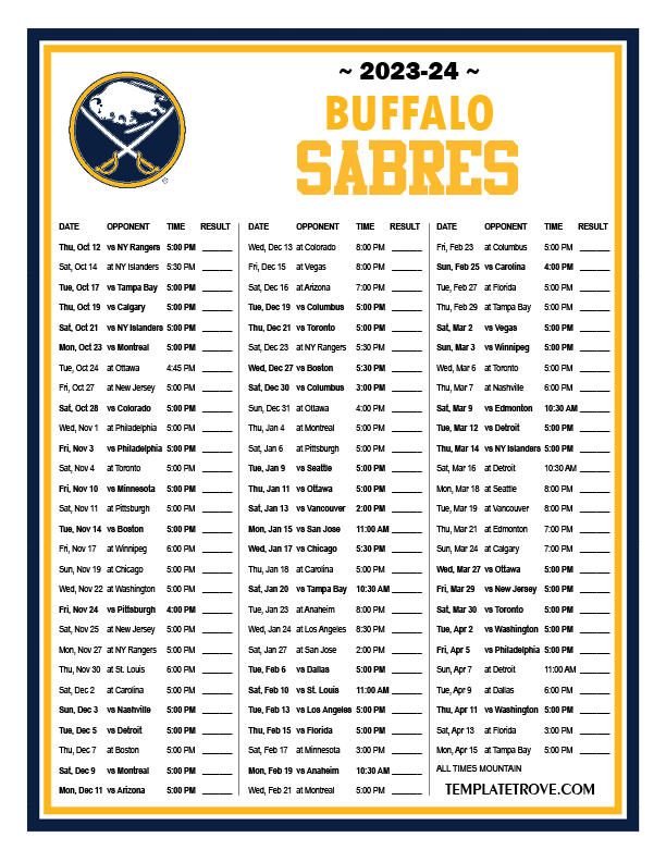 Get Your Buffalo Sabres Schedule 2023-24 Printable Now! Download and Print for Free!