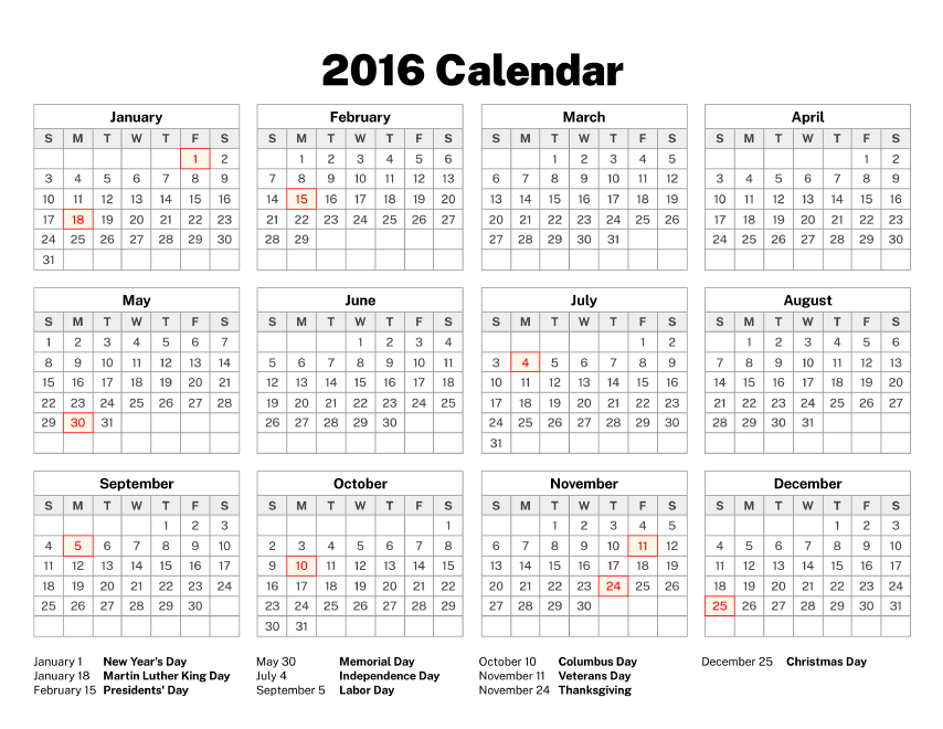 Calendario 2016: All The Holidays (Plan Your Year Easily)