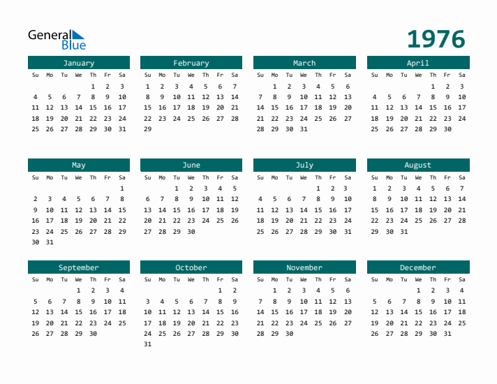 1976 Calendar: Easy to Print, Classic, and super cool.