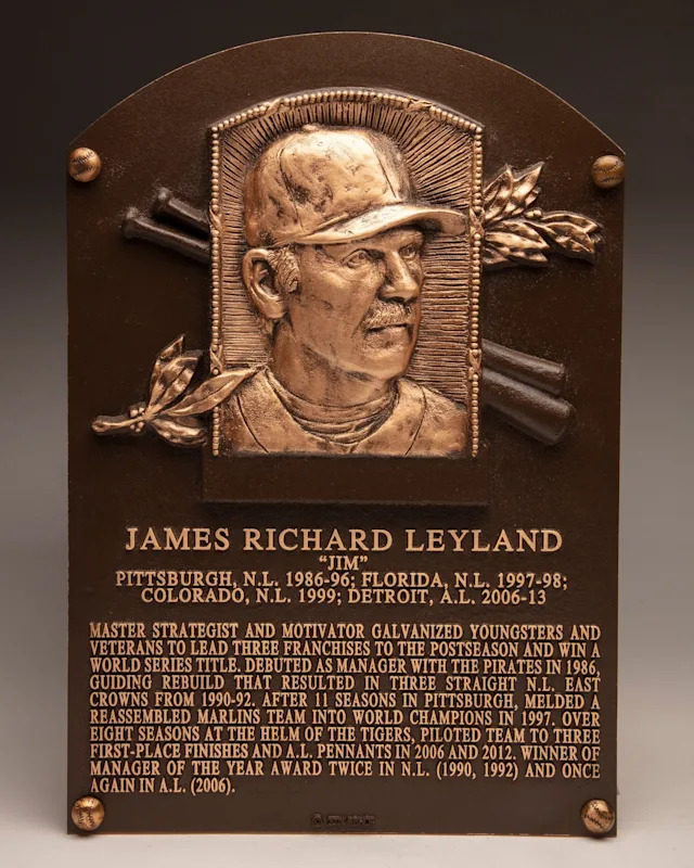 What does the Jim Leyland HOF plaque say about his baseball life?